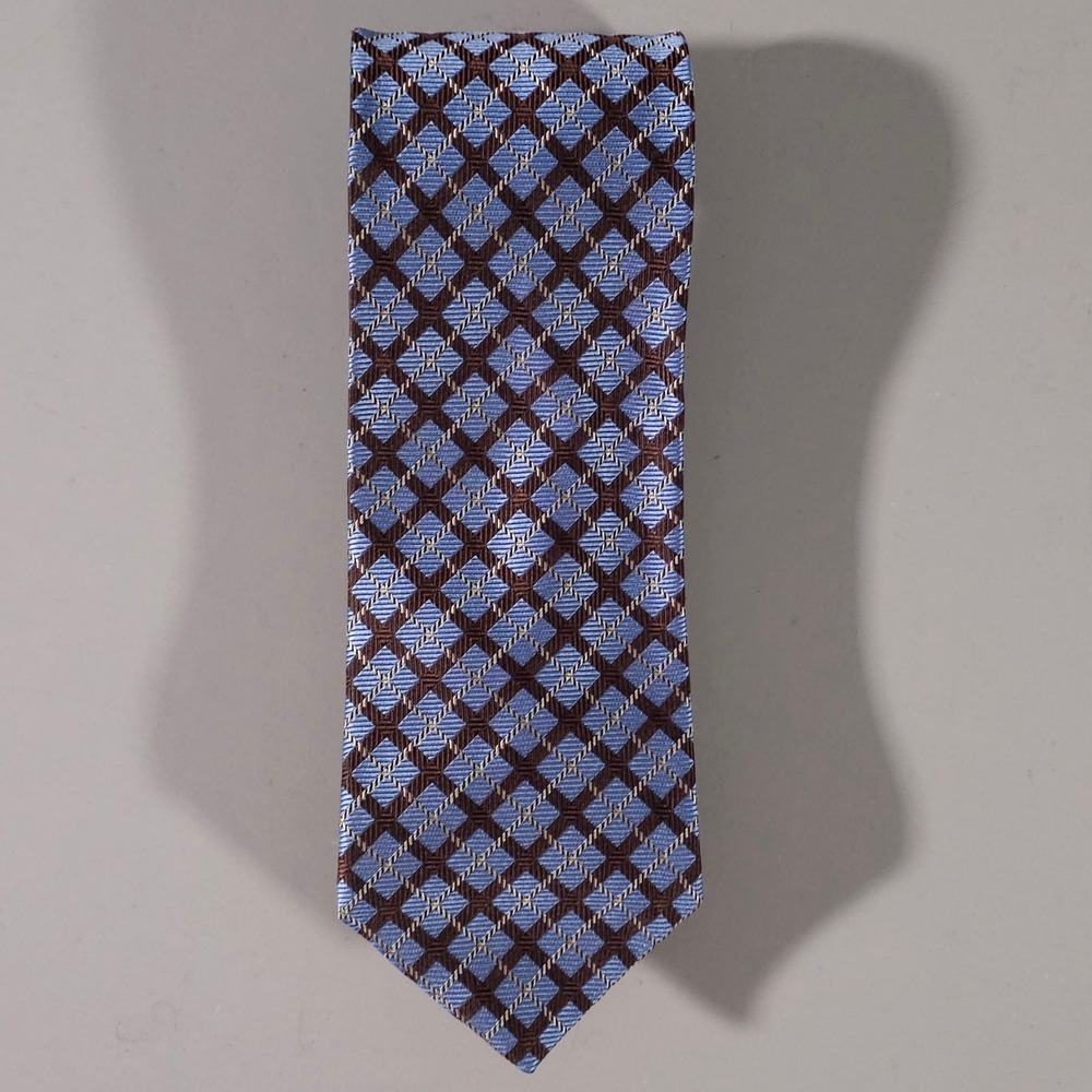 Hickey Freeman Necktie Mens OS Blue Brown Woven Silk Diamond Geometric Pattern